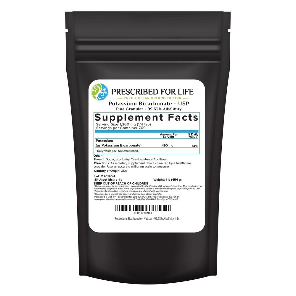 Prescribed for Life potassium bicarbonate powder packaging shown for versatile kitchen and garden use.