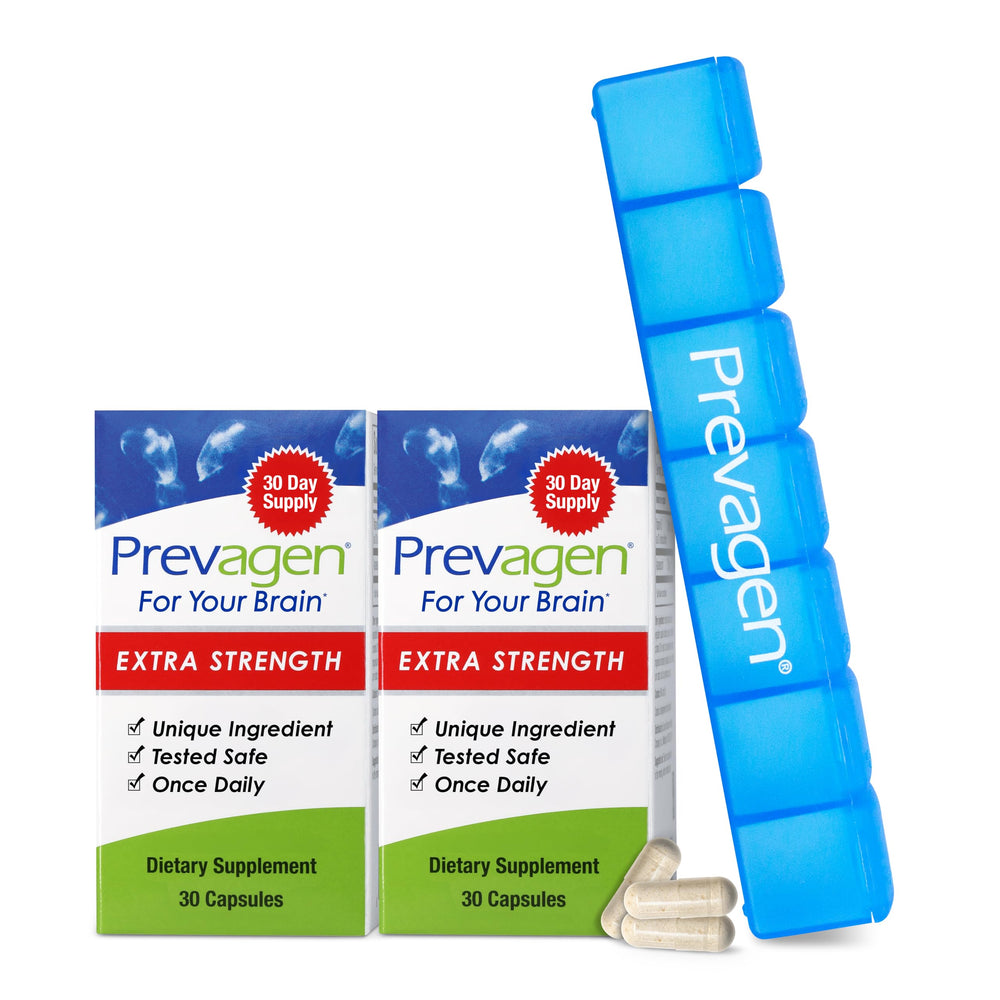 Prevagen Extra Strength bottle front view with two-pack option for daily brain support