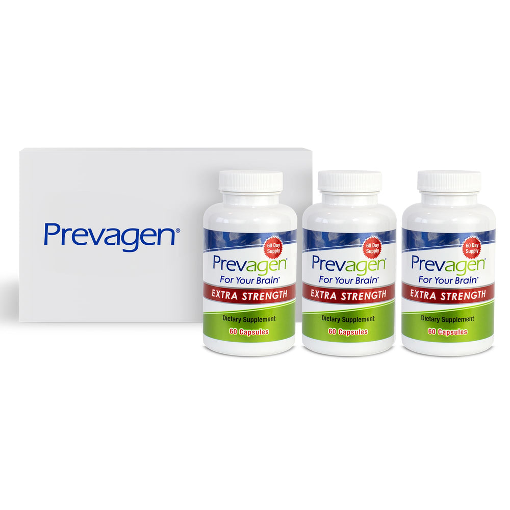 Prevagen Extra Strength bottle front shows brand and design for daily brain support