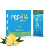 Previia lemon flavor powder dissolving in water for pre-drink support
