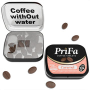 PriFa Caramel Coffee Tablets packaging in a travel tin for on-the-go energy