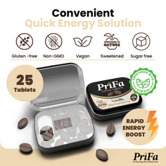 Prifa Vanilla Coffee Tablets dissolve in your mouth for instant on-the-go energy.