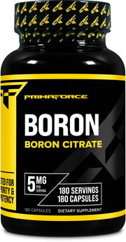 Primaforce Boron capsules bottle displaying 5mg per serving for daily mineral intake.