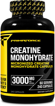 Primaforce Creatine Monohydrate Capsules bottle for convenient daily supplementation.