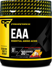 Primaforce EAA Powder Tropical Punch tub showing essential amino acids for workouts.