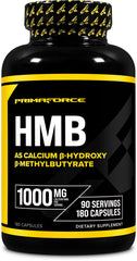 Primaforce HMB bottle label shows 180 capsules for gluten-free, non-GMO daily use.