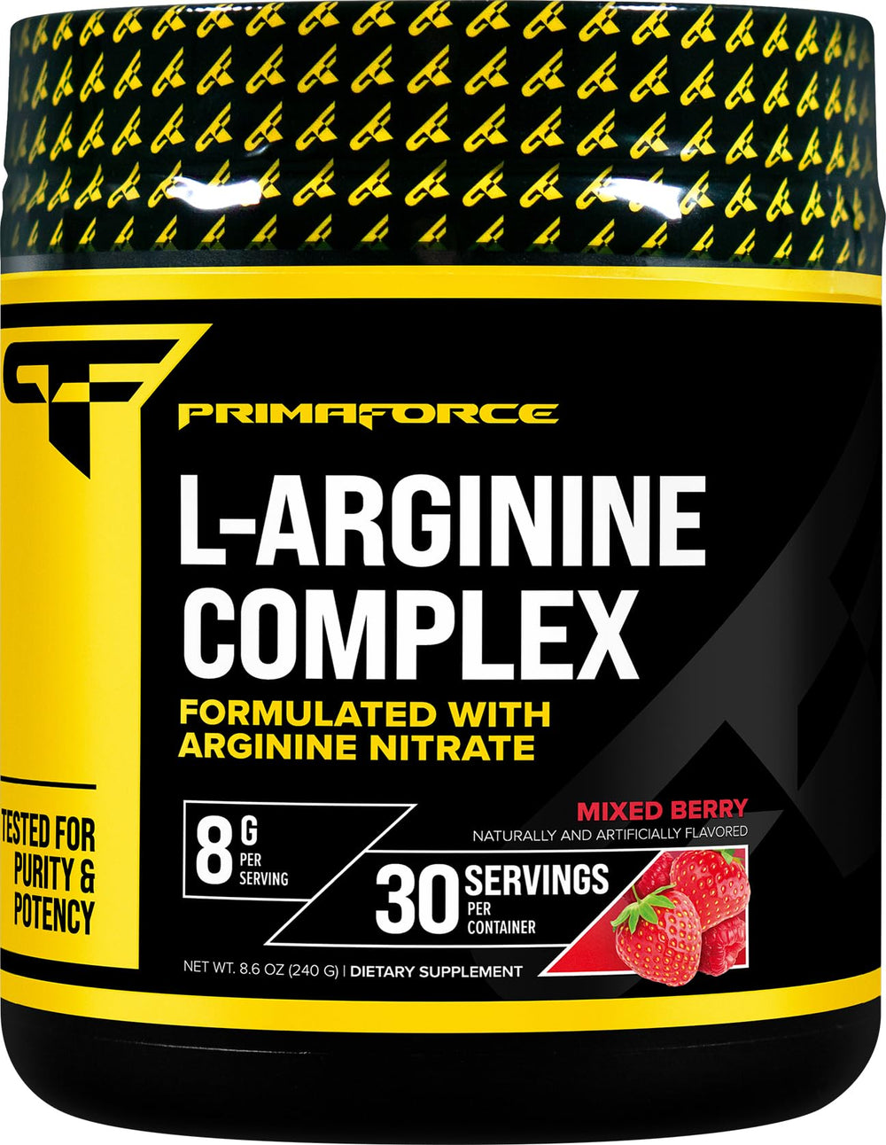 Primaforce L-Arginine Complex Powder mixed berry bottle ready for workouts.