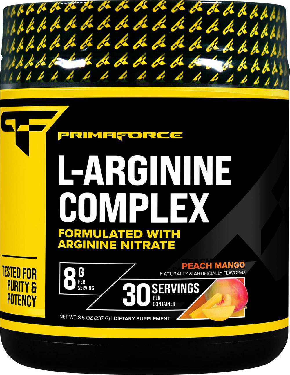 Primaforce L-Arginine Complex Peach Mango tub for pre-workout support.
