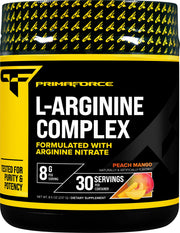Primaforce L-Arginine Complex Peach Mango tub for pre-workout support.