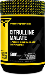 Primaforce L-Citrulline Malate powder bottle showing vegan, non-GMO formula.