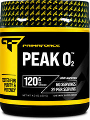 Primaforce Peak O2 bottle close-up showing vegan, gluten-free workout support.