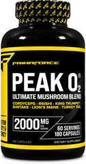 Primaforce Peak O2 bottle label highlights premium mushroom blend for endurance support.