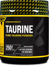 Primaforce taurine powder container front view, showcasing packaging and high-potency per serving.