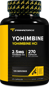 Primaforce Yohimbine HCl 2.5mg bottle label close-up showing potency and quality
