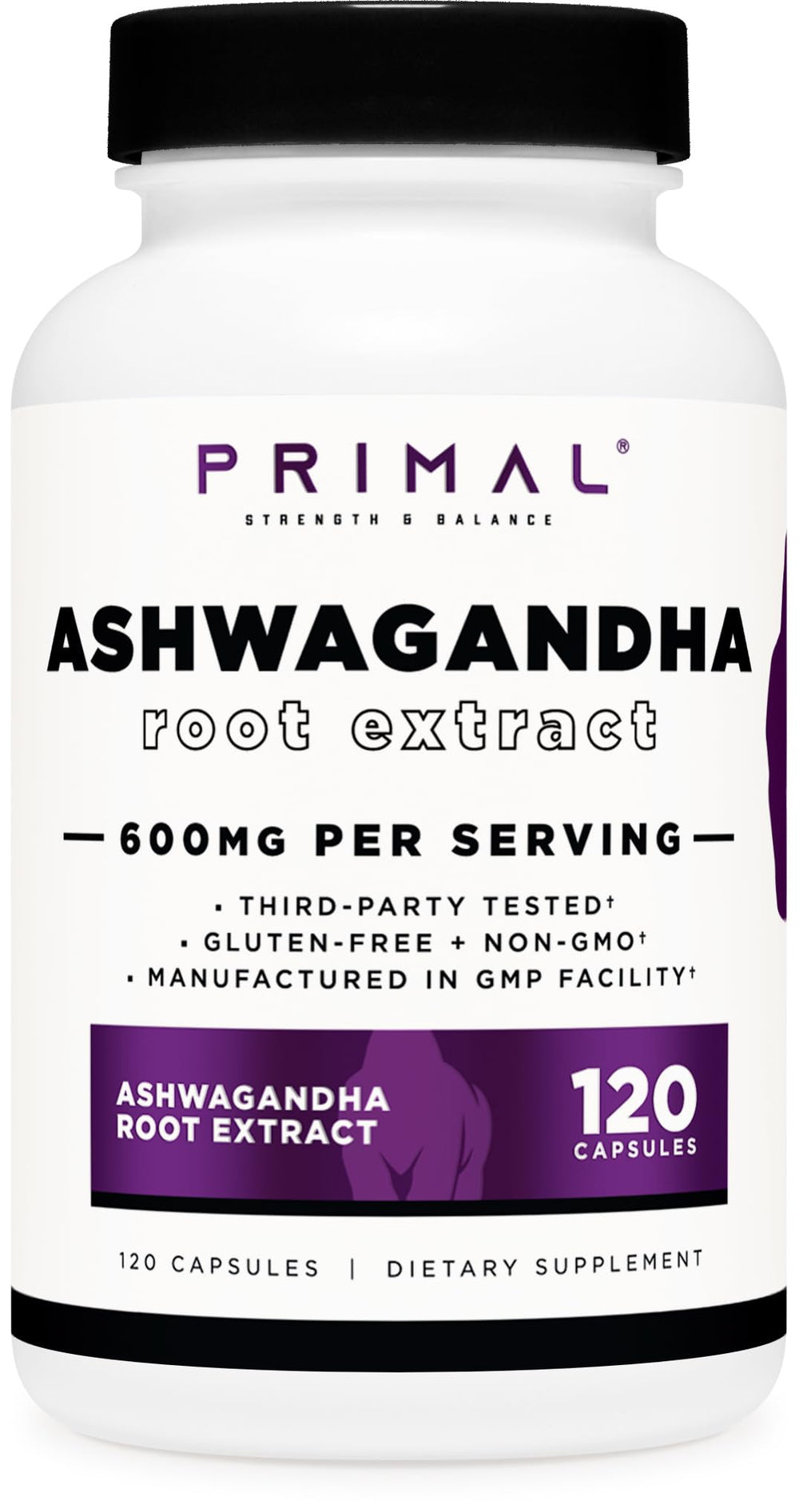 Primal Ashwagandha bottle showing 600mg per serving for daily balance.
