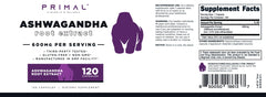 Primal Ashwagandha label close-up highlighting gluten-free and non-GMO.