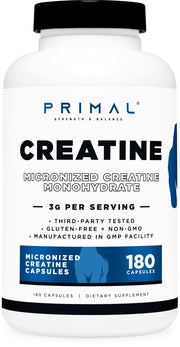 Primal Creatina Monohidratada: bote frontal mostrando la potencia sostenida para entrenamientos intensos.