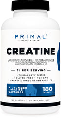Primal Creatina Monohidratada: bote frontal mostrando la potencia sostenida para entrenamientos intensos.