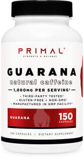 Primal Guarana bottle label with 1000 mg per serving for focused energy.