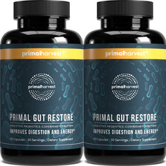 Primal Harvest Primal Gut Restore bottle image highlights a comprehensive gut health supplement for daily use.