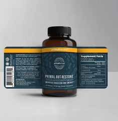 Primal Harvest Primal Gut Restore capsules closeup highlights probiotic blend for digestive balance.