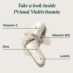 Primal Harvest Primal Multivitamin label closeup highlights 21 essential nutrients.