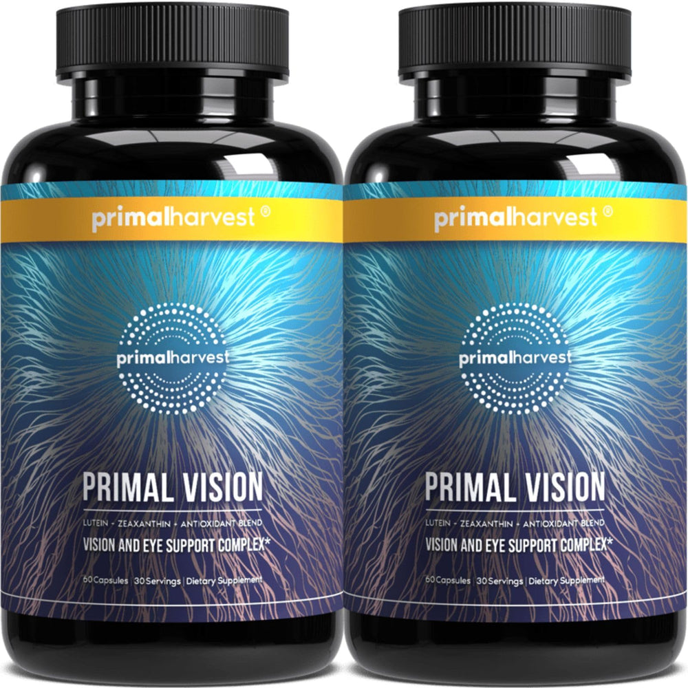 Primal Harvest Primal Vision bottle pour showing easy daily intake for eye support.