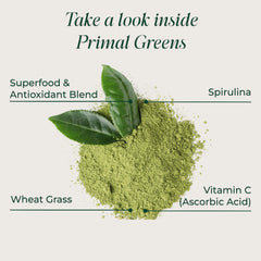 Ingredients chart on Primal Harvest Super Greens Powder tub highlights 50+ greens