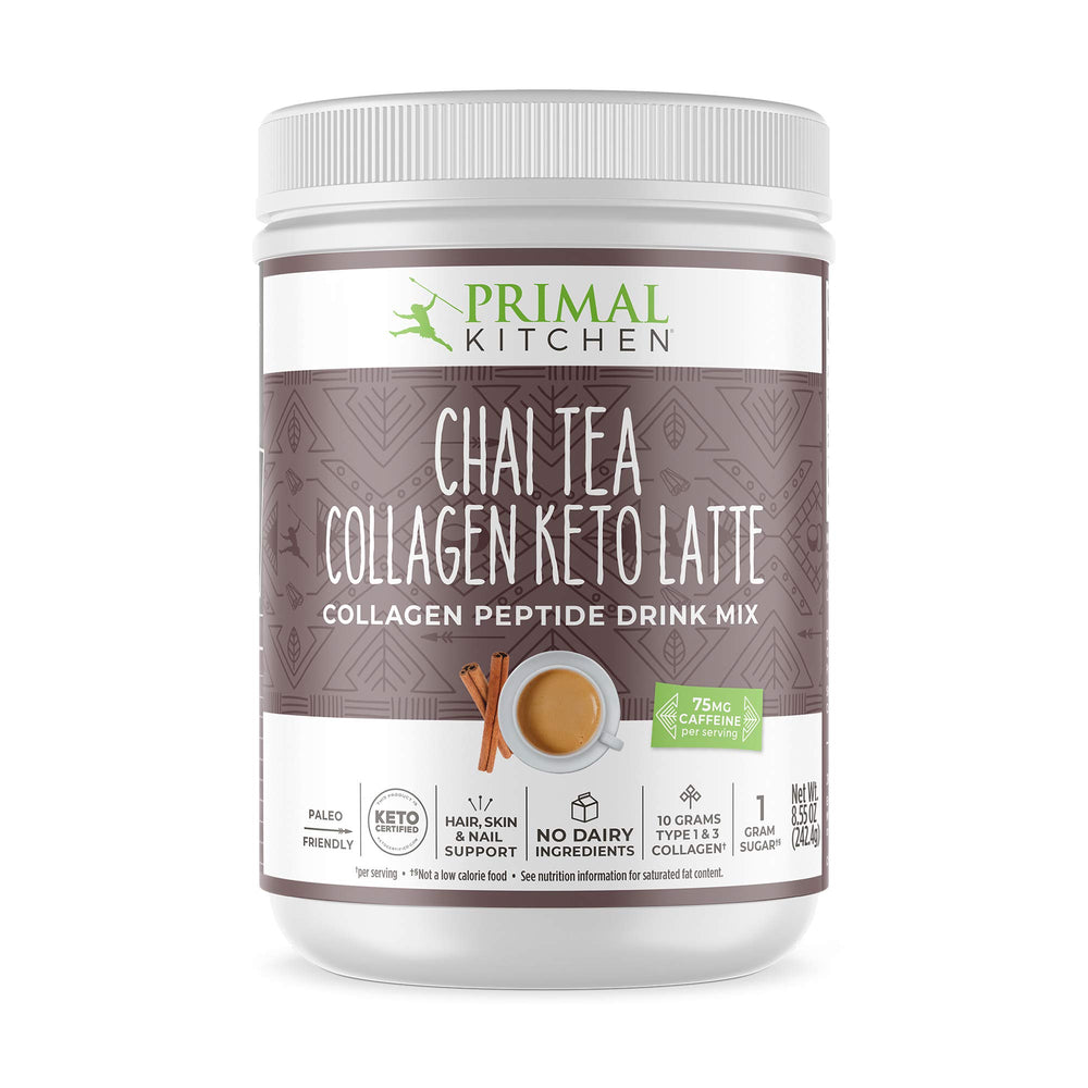 Primal Kitchen chai tea collagen latte powder bottle showcasing keto-friendly blend