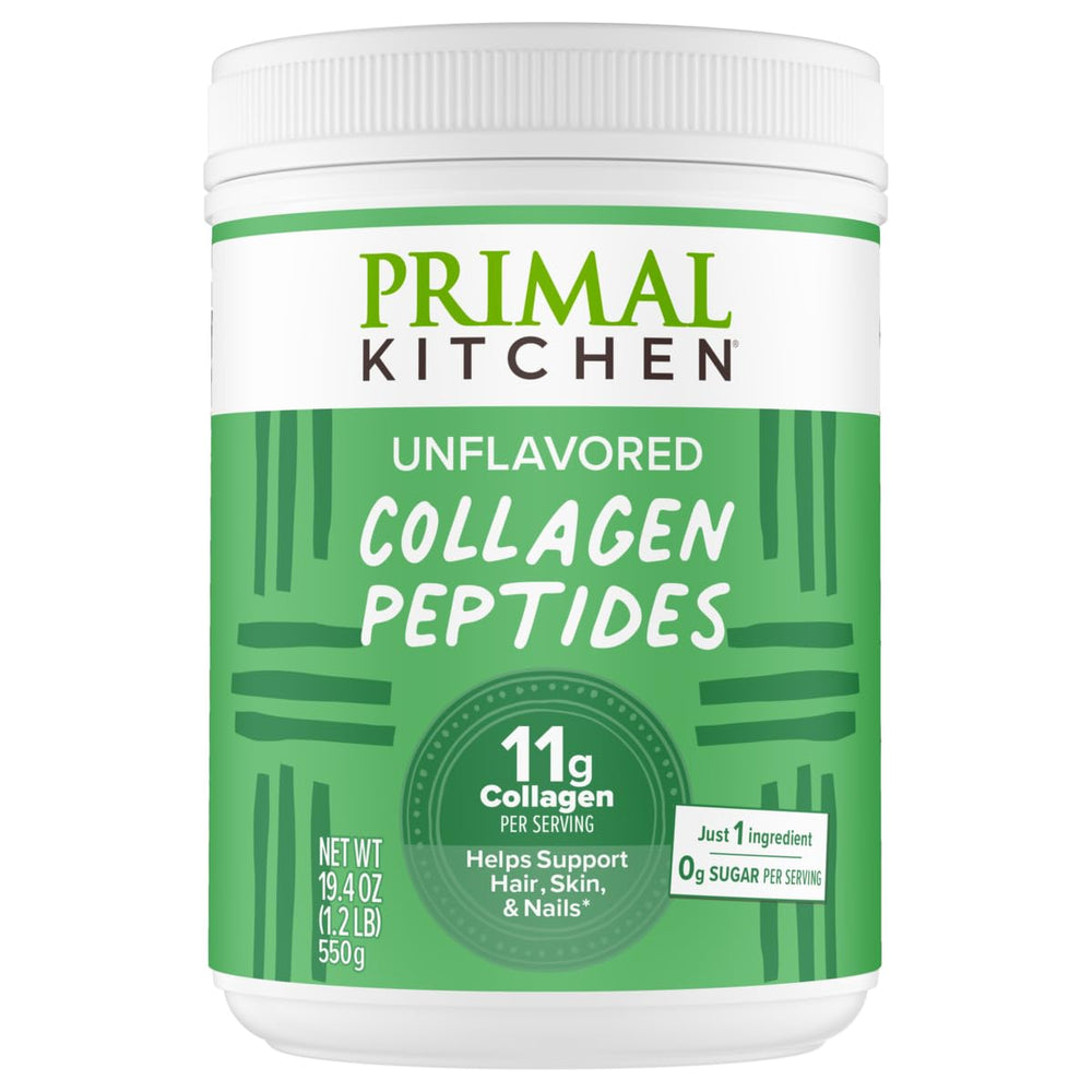 Primal Kitchen Collagen Peptides unflavored tub front for daily mix-ins.