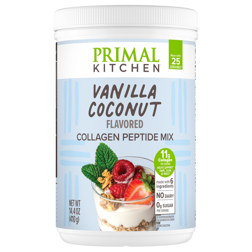Primal Kitchen Vanilla Collagen Fuel packaging highlights gluten-free, keto-certified ingredients.