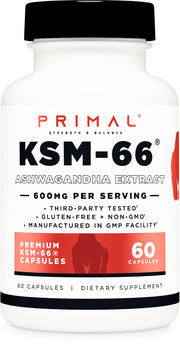 Primal KSM-66 Ashwagandha, botella: soporte para equilibrio diario.