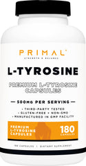 Primal L-Tyrosine capsules bottle displaying 180 servings for daily cognitive support.