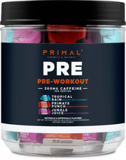 Primal PRE Variety Pack front label, convenient on-the-go pre-workout choice.