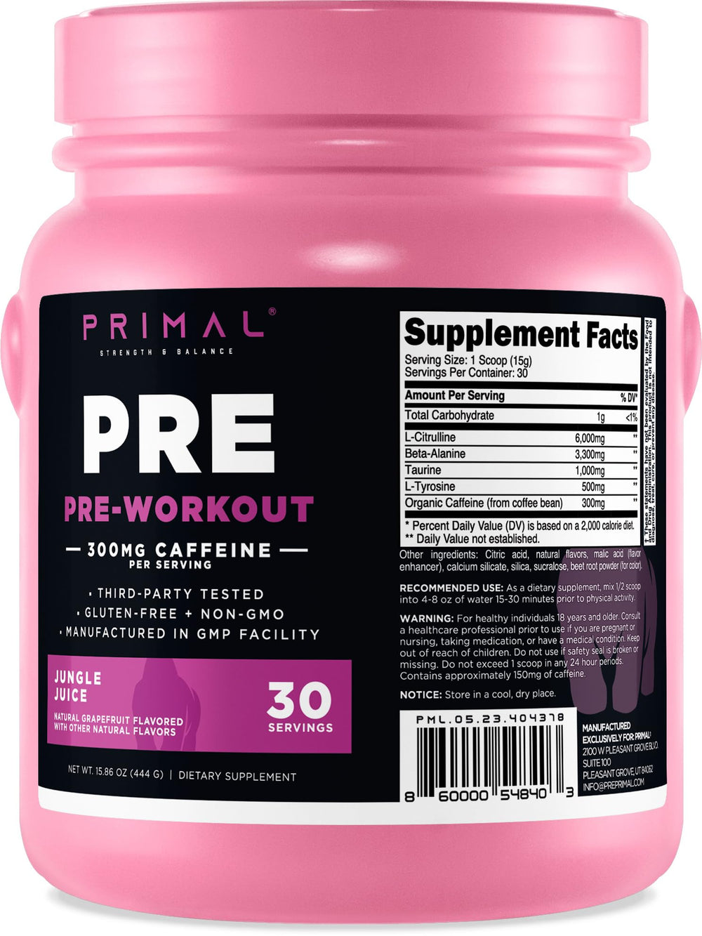 Primal Pre-Workout grapefruit bottle pour ready for training sessions.