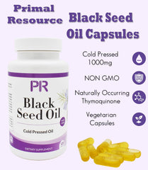 PRIMAL RESOURCE Nigella sativa capsules packaging emphasizes non-GMO and gluten-free promise