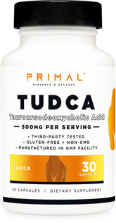 Primal Tudca 500mg bottle displays clear dosage for easy daily use.