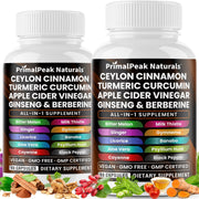 PrimalPeak Naturals ceylon cinnamon acv bottle showing the 17-in-1 wellness blend
