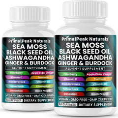 PrimalPeak Naturals Sea Moss bottle showing a nutrient-rich blend for daily vitality