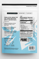 PRIME HYDRATION ICE Sticks being mixed in water for quick, caffeine-free refreshment.