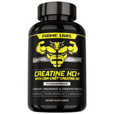 Prime Labs Creatine HCl bottle promotes clean strength with rapid absorption for workouts.