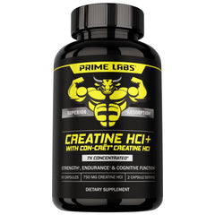 Prime Labs Creatine HCl bottle promotes clean strength with rapid absorption for workouts.