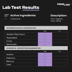 Prime Labs L-Glutamine bottle on workout mat for fitness support.