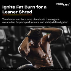 Prime Labs Thermogenic Fat Burner label highlights ingredients and USA-made quality.