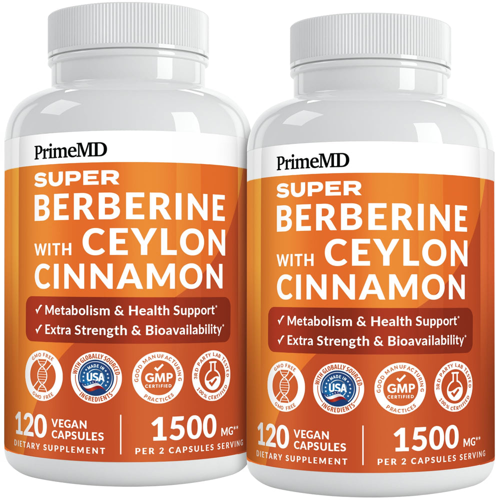 PrimeMD Super Berberine bottle label highlighting 8-in-1 balance formula