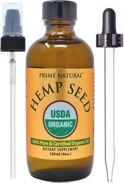 Prime Natural Aceite de Cáñamo en botella de vidrio oscuro para conservación óptima.