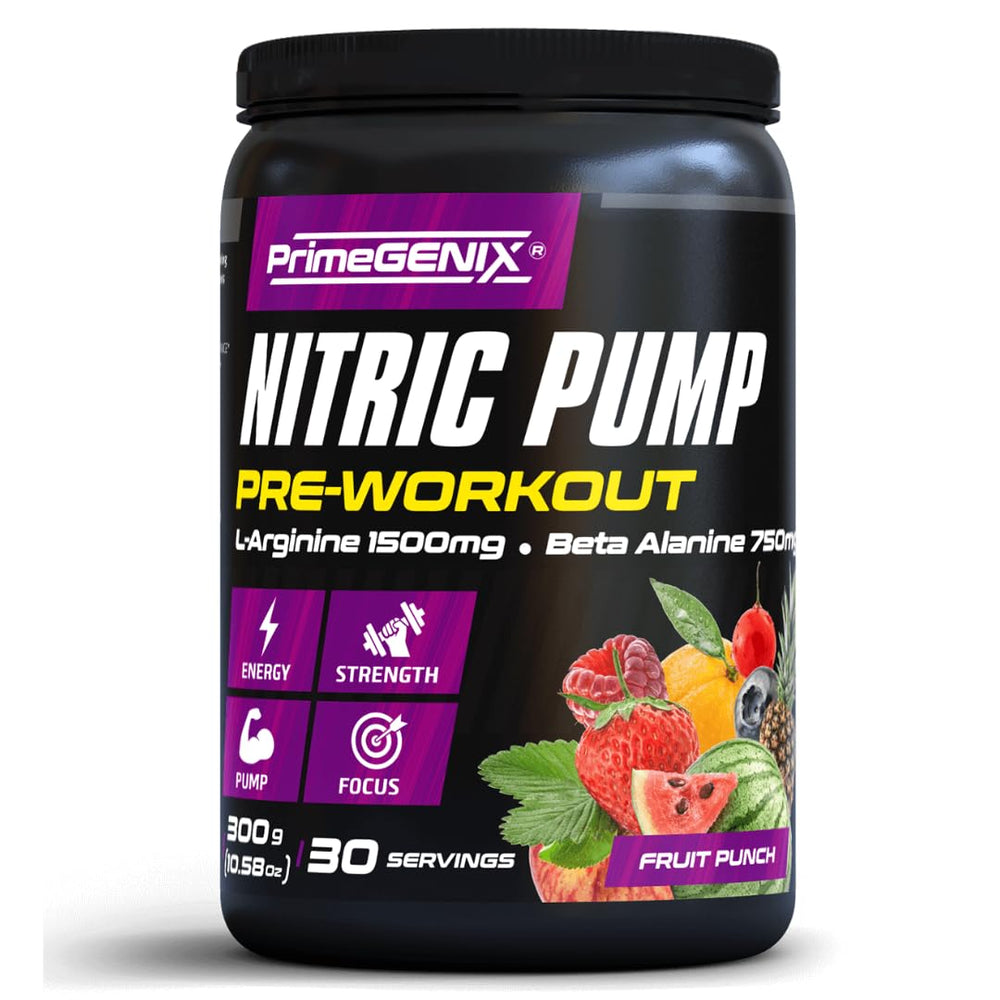 PrimeGENIX Nitric Pump tub with fruit punch flavor, delivering clean energy and focus during workouts.