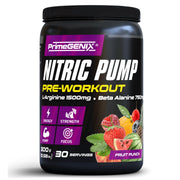 PrimeGENIX Nitric Pump tub with fruit punch flavor, delivering clean energy and focus during workouts.