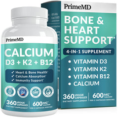 PrimeMD 4-in-1 calcium bottle on countertop, vegan-friendly formula featured.