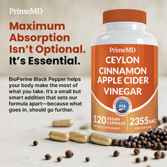 PrimeMD 5-in-1 Cinnamon ingredients scene featuring vinegar and turmeric.